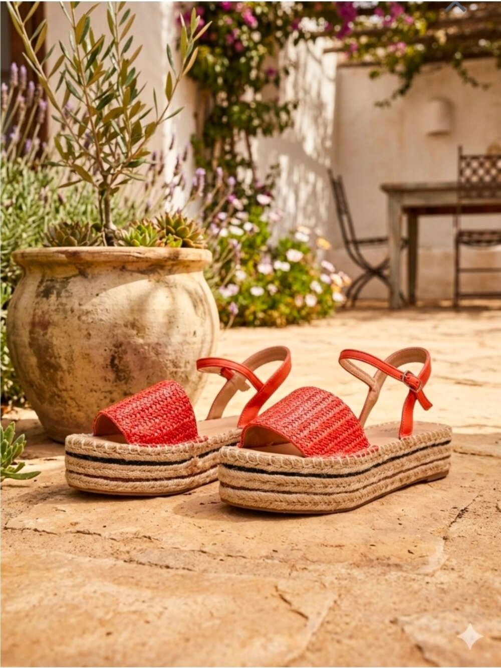 Womens Coral Straw Espadrille Platform Sandals With Adjustable Ankle Strap - Sum